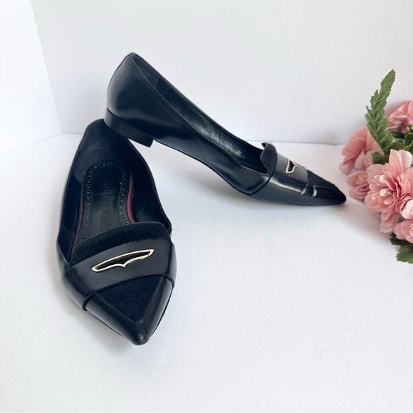 BURBERRY Made in Italy Black Leather Calf Hair Pointed Toe Flats - Picture 1 of 15